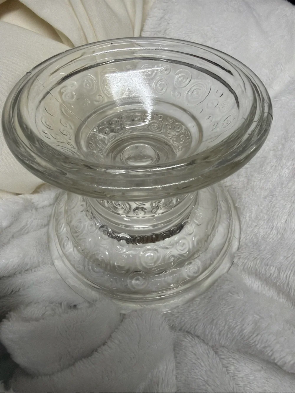 Clear Glass Pillar Candle Holder with White Taper Candle Vtg swirl